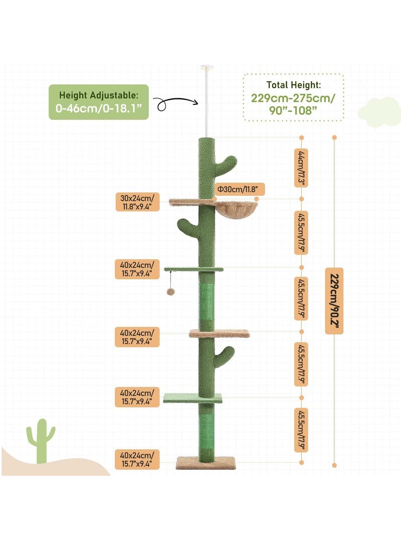 Alissa - Cactus Cat Tree Floor to Ceiling Cat Tower with Audjstable Height(241-273 cm), 5 Tiers Cat Climbing Activity Center with Cozy Hammock, Platforms and Dangling Balls for Indoor Cats - Image 1