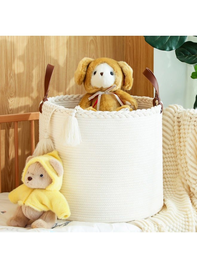 KAKAMAY Large Blanket Basket (18"x16"),Woven Baby Laundry Hamper，Cotton Rope Blanket Basket for Nursery, Laundry, Living Room, Pillows, Baby Toy Chest with Leather Handles （White） - Image 2