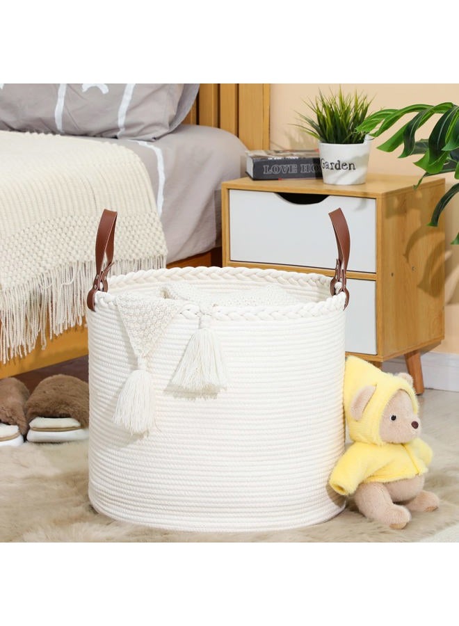 KAKAMAY Large Blanket Basket (18"x16"),Woven Baby Laundry Hamper，Cotton Rope Blanket Basket for Nursery, Laundry, Living Room, Pillows, Baby Toy Chest with Leather Handles （White） - Image 4