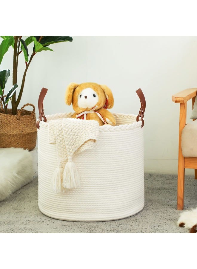 KAKAMAY Large Blanket Basket (18"x16"),Woven Baby Laundry Hamper，Cotton Rope Blanket Basket for Nursery, Laundry, Living Room, Pillows, Baby Toy Chest with Leather Handles （White） - Image 3