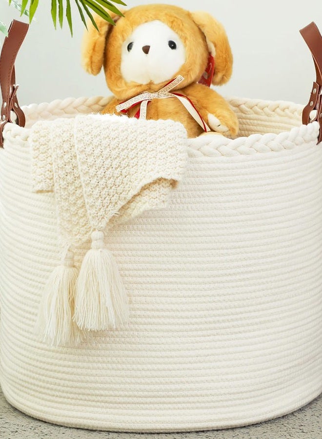 KAKAMAY Large Blanket Basket (18"x16"),Woven Baby Laundry Hamper，Cotton Rope Blanket Basket for Nursery, Laundry, Living Room, Pillows, Baby Toy Chest with Leather Handles （White） - Image 1