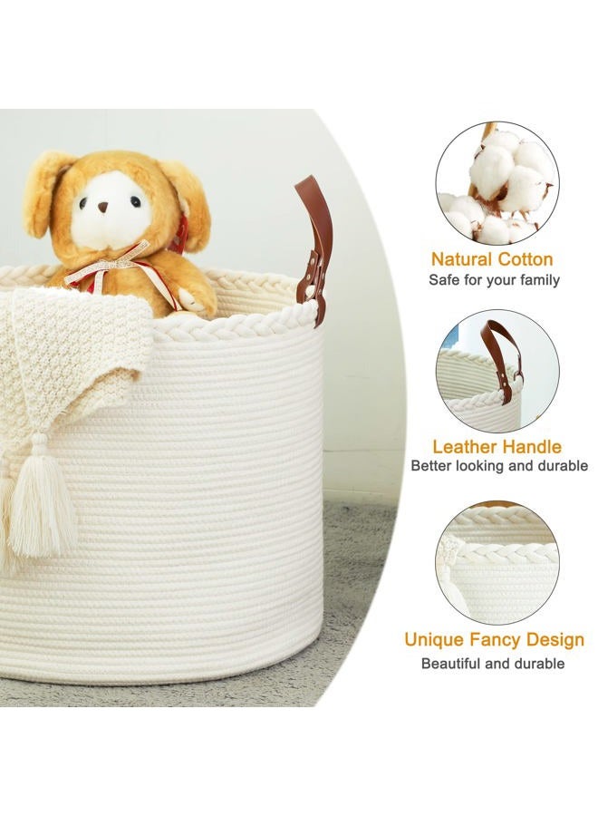 KAKAMAY Large Blanket Basket (18"x16"),Woven Baby Laundry Hamper，Cotton Rope Blanket Basket for Nursery, Laundry, Living Room, Pillows, Baby Toy Chest with Leather Handles （White） - Image 5