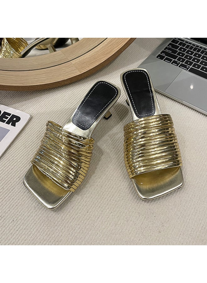 Women's Square-head Silver Sandals And Slippers With Thin Heel For Summer  High Heel Half Slippers For Outer Wear Silver And Gold Simple Slippers
