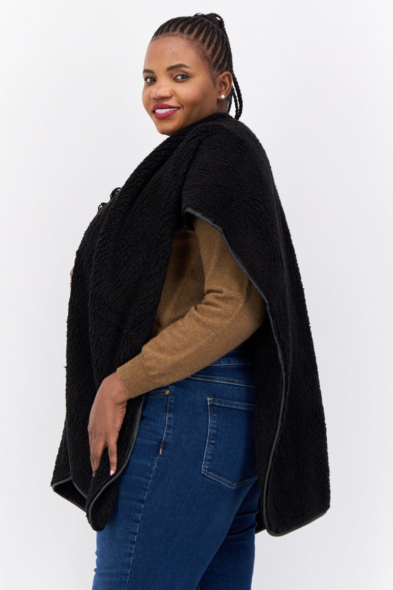 Max Studio Women Textured Sherpa Poncho, Black  - Image 3