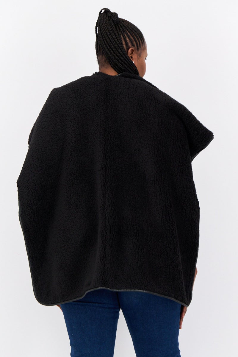 Max Studio Women Textured Sherpa Poncho, Black - Image 2