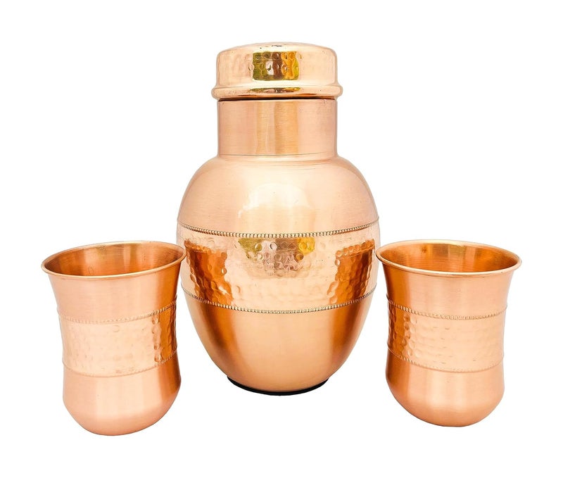 SHIV SHAKTI ARTS SHIV SHAKTI ARTS Copper Bottle Carafe Jar with 2 Copper Glasses Hammered Design Matt Finish for Home and Hotels  - Image 2