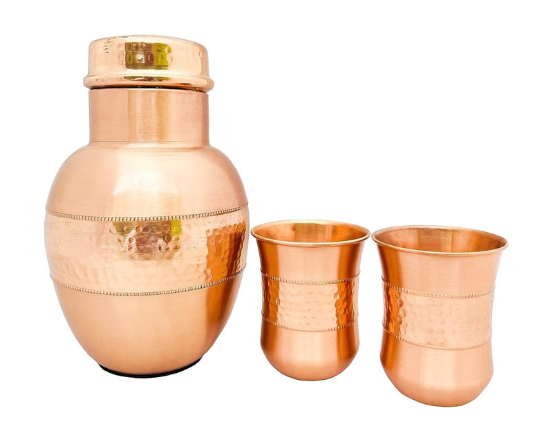 SHIV SHAKTI ARTS SHIV SHAKTI ARTS Copper Bottle Carafe Jar with 2 Copper Glasses Hammered Design Matt Finish for Home and Hotels  - Image 1