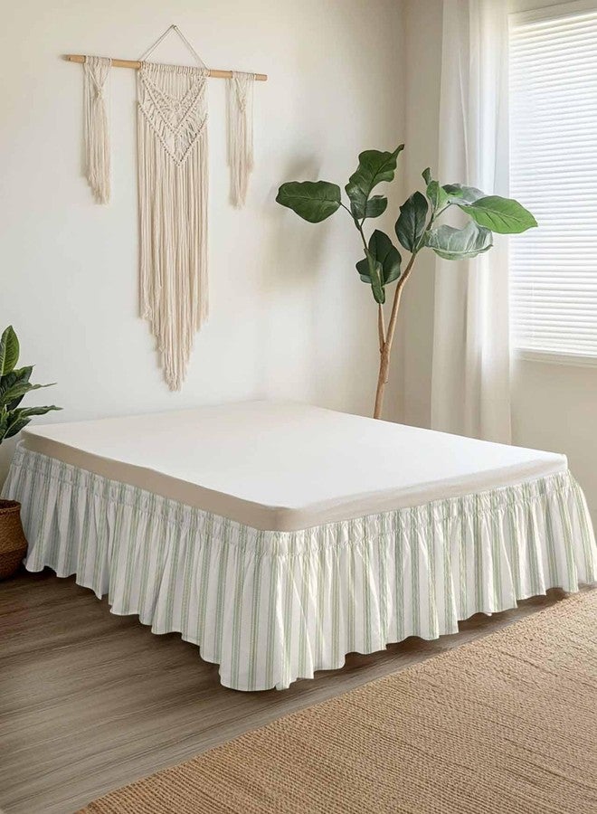 YOKOU Wrap Around Bed Skirts for Queen Beds, Sage Green Stripe Geometric Beige Retro Farmhouse Decor Ruffle Bed Skirt with Adjustable Elastic Belts Easy Fit 16 Inch Drop - Image 2
