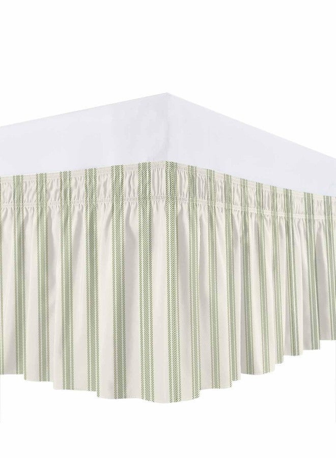 YOKOU Wrap Around Bed Skirts for Queen Beds, Sage Green Stripe Geometric Beige Retro Farmhouse Decor Ruffle Bed Skirt with Adjustable Elastic Belts Easy Fit 16 Inch Drop - Image 1