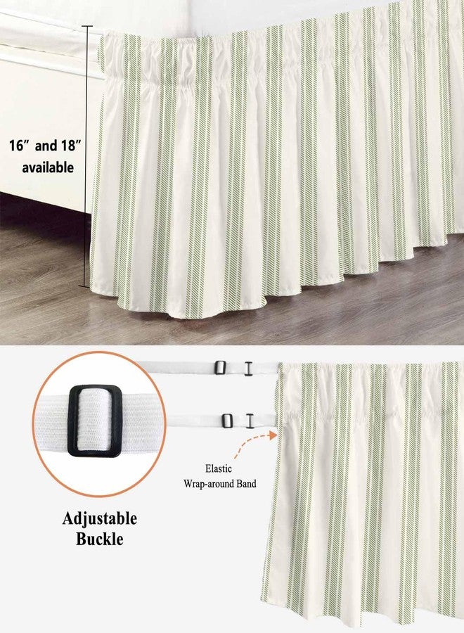 YOKOU Wrap Around Bed Skirts for Queen Beds, Sage Green Stripe Geometric Beige Retro Farmhouse Decor Ruffle Bed Skirt with Adjustable Elastic Belts Easy Fit 16 Inch Drop - Image 3