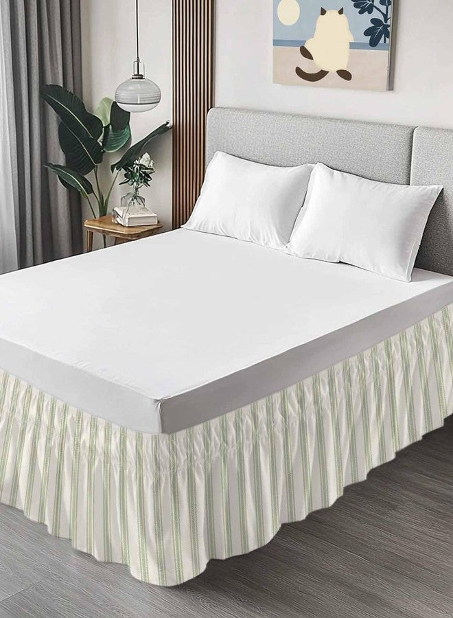 YOKOU Wrap Around Bed Skirts for Queen Beds, Sage Green Stripe Geometric Beige Retro Farmhouse Decor Ruffle Bed Skirt with Adjustable Elastic Belts Easy Fit 16 Inch Drop - Image 4