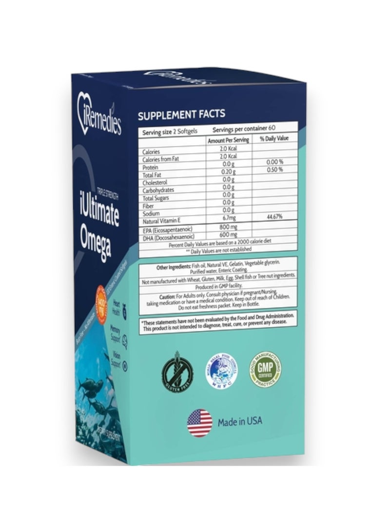 iRemedies Iultimate Omega 1400mg 120 Enteric Coated Softgels 60 Servings - Image 2