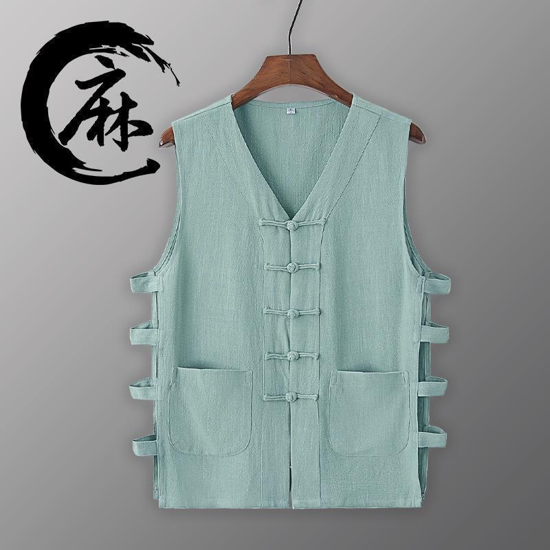 Old Man Vest Summer Casual Linen Vest Waistcoat Cotton and Linen Sweatshirt Men's Retro Buckle Chinese Style Magma Jacket Sleeveless Shirt - Image 3