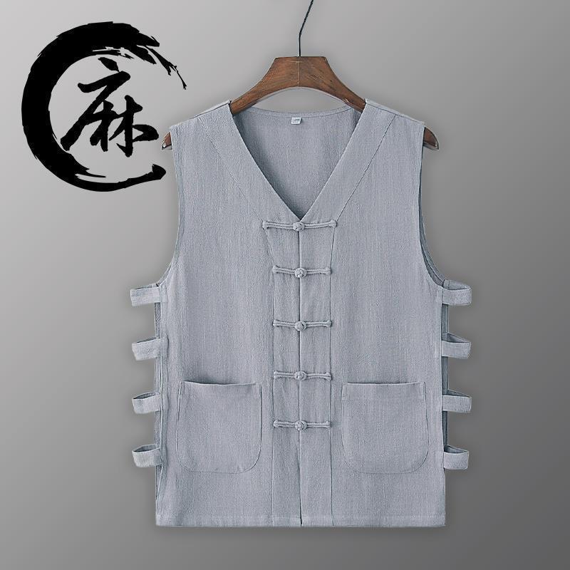Old Man Vest Summer Casual Linen Vest Waistcoat Cotton and Linen Sweatshirt Men's Retro Buckle Chinese Style Magma Jacket Sleeveless Shirt - Image 4