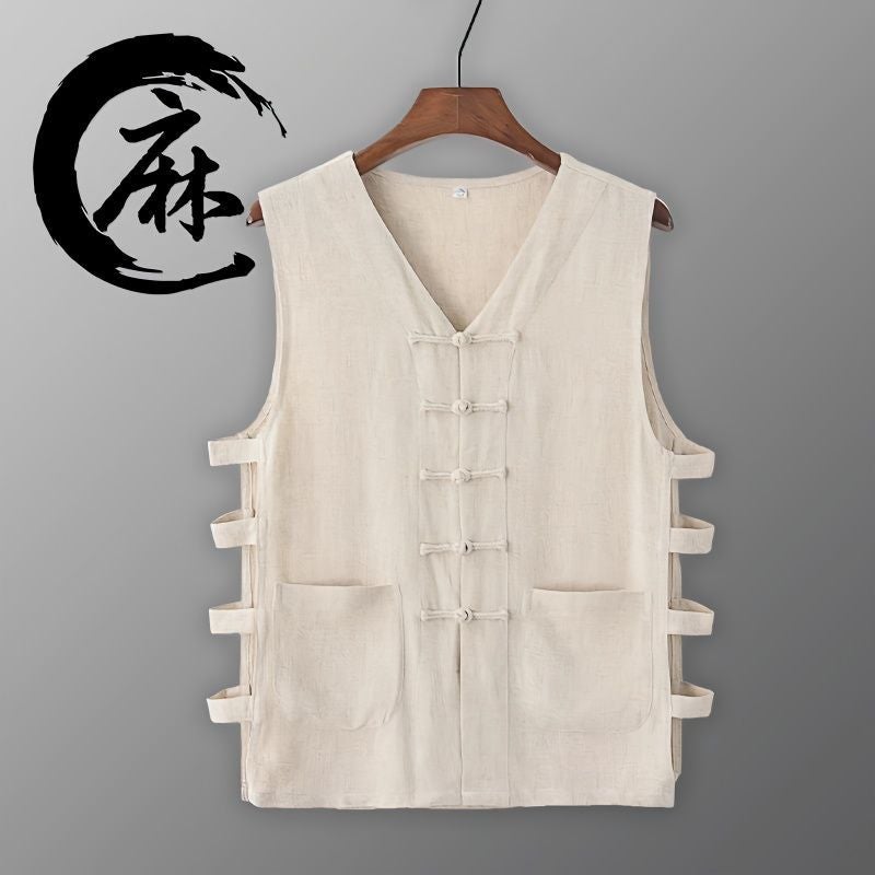 Old Man Vest Summer Casual Linen Vest Waistcoat Cotton and Linen Sweatshirt Men's Retro Buckle Chinese Style Magma Jacket Sleeveless Shirt - Image 2