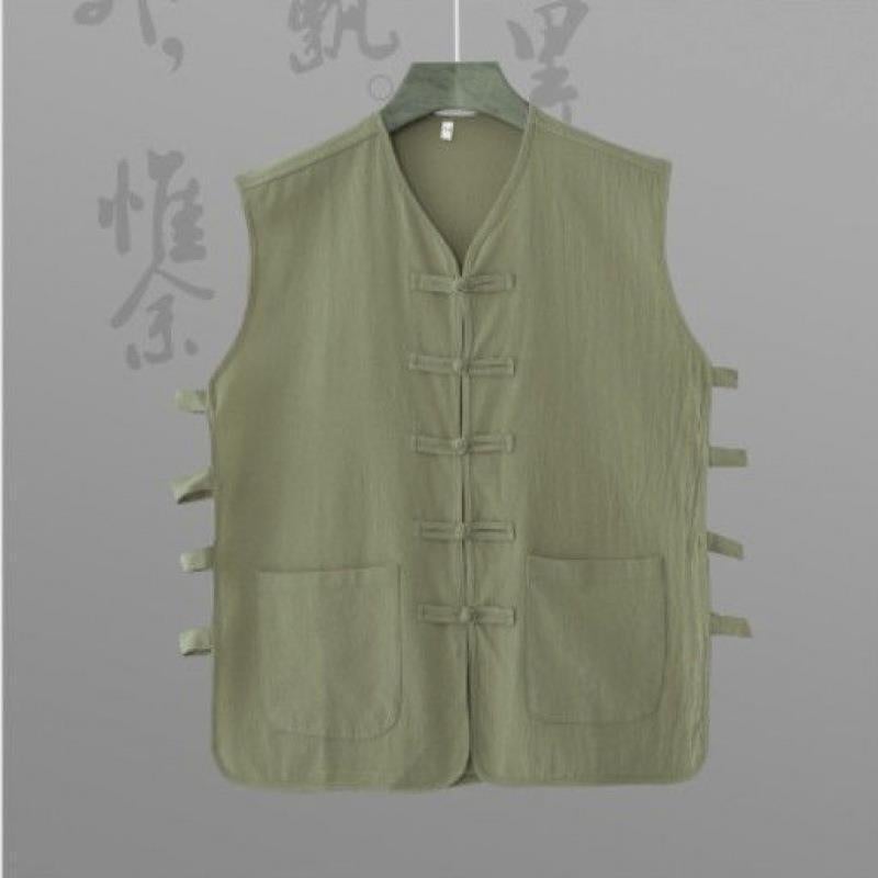 Old Man Vest Summer Casual Linen Vest Waistcoat Cotton and Linen Sweatshirt Men's Retro Buckle Chinese Style Magma Jacket Sleeveless Shirt - Image 1