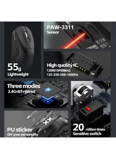 Aookay [1+1] Upgraded Lightweight Wireless Gaming Mouse, with 1 Set Anti Slip/Anti Sweat Mouse Sticker, 12000 DPI(Max), 3 Custom Connection Modes 2.4G+BT+Wired, Super Sensitive Infrared Sensor Gaming Mouse (White)  - Image 2