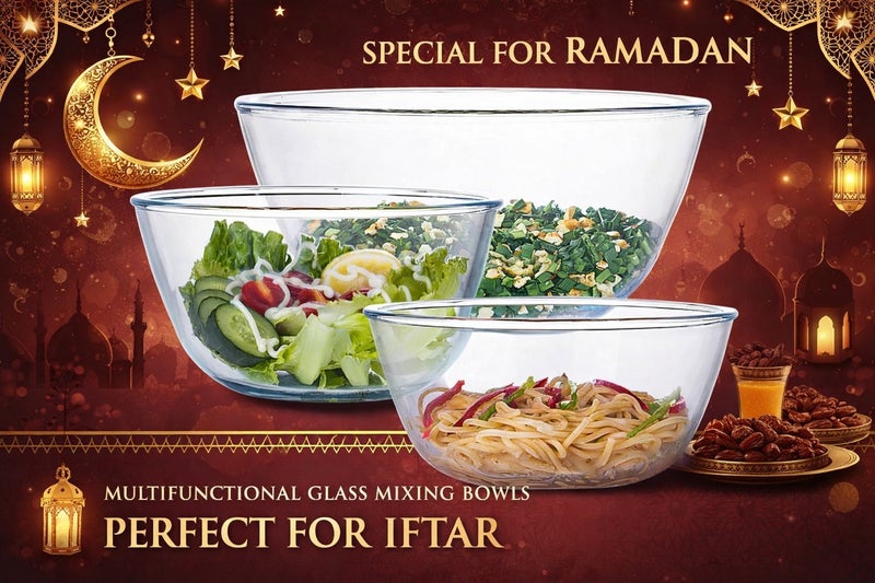 بنوتي طقم أوعية خلط زجاجية من 3 قطع لطهي رمضان والخبز، أوعية زجاج بوروسيليكات لتحضير الإفطار والسحور، قابلة للتكديس وآمنة للميكروويف، غير سامة لتقديم السلطات والطعام (1.1 لتر، 2.5 لتر، 4.2 لتر) - Image 1