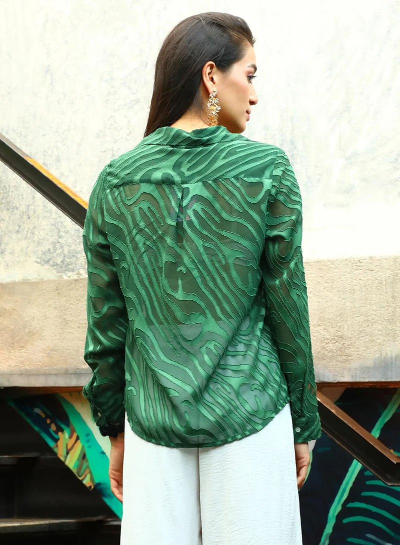 PINACOLADA Women's Forest Green Textured Sheer Shirt