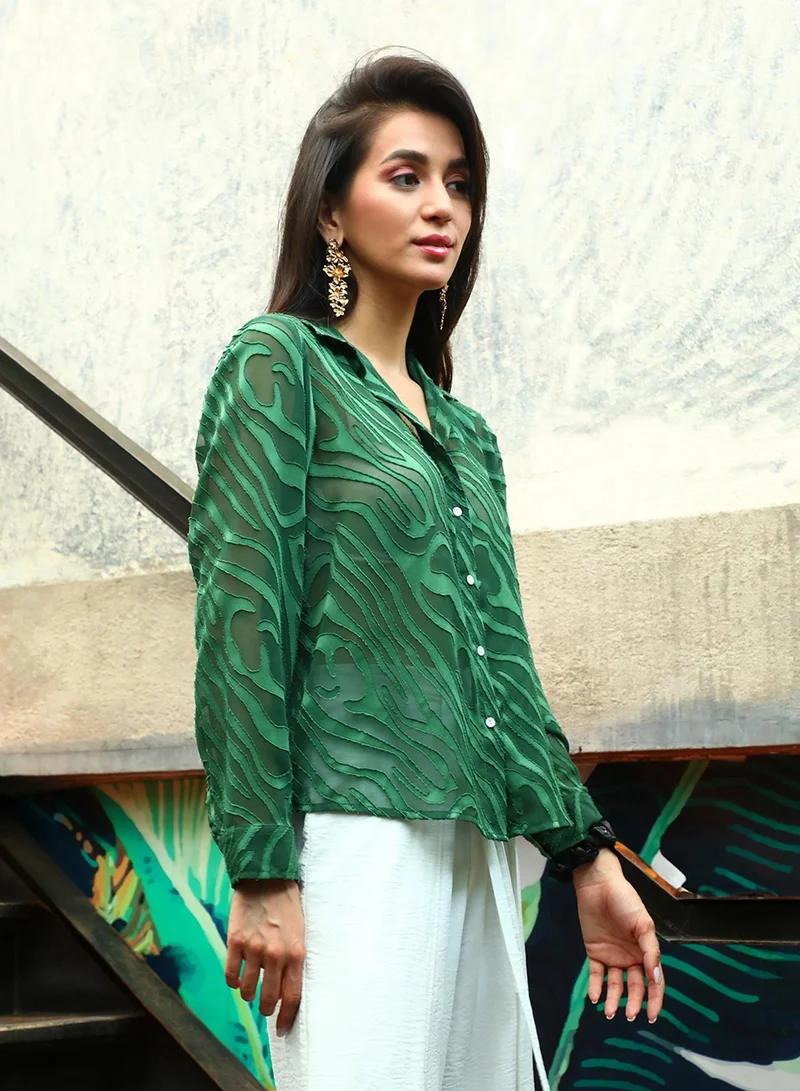 PINACOLADA Women's Forest Green Textured Sheer Shirt