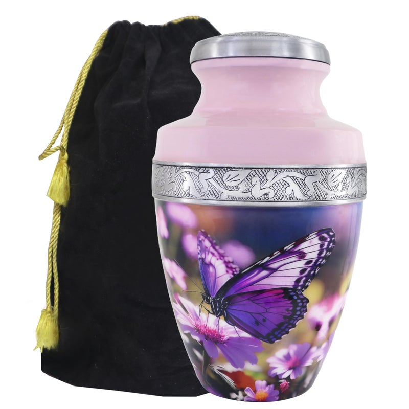 M MEILINXU Urn for Ashes for Woman & Male, Cremation Urns for Human Ashes Adult Female or Man, Burial Urns with Butterflies, Decorative Urn for Funeral, Purple Butterfly and Flowers - Large - Image 4