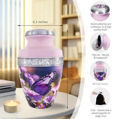 M MEILINXU Urn for Ashes for Woman & Male, Cremation Urns for Human Ashes Adult Female or Man, Burial Urns with Butterflies, Decorative Urn for Funeral, Purple Butterfly and Flowers - Large - Image 3