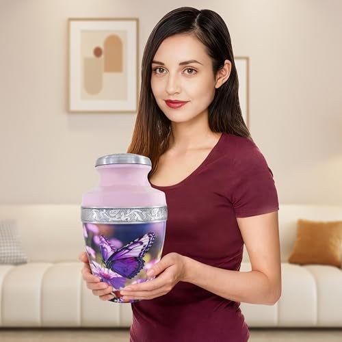 M MEILINXU Urn for Ashes for Woman & Male, Cremation Urns for Human Ashes Adult Female or Man, Burial Urns with Butterflies, Decorative Urn for Funeral, Purple Butterfly and Flowers - Large - Image 5