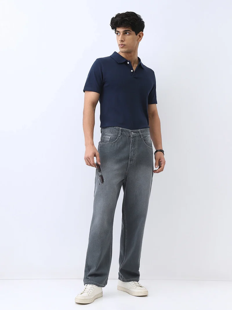 Urbano Fashion  Urbano Fashion Men's Grey Loose Baggy Fit Washed Jeans Non-Stretchable  | Best Price UAE