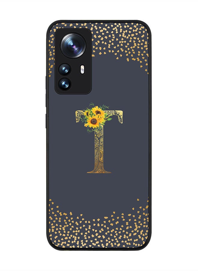 Rugged Black edge case for Xiaomi 12 Pro Slim fit Soft Case Flexible Rubber Edges Anti Drop TPU Gel Thin Cover - Custom Monogram Initial Letter Floral Pattern Alphabet - T (Grey )