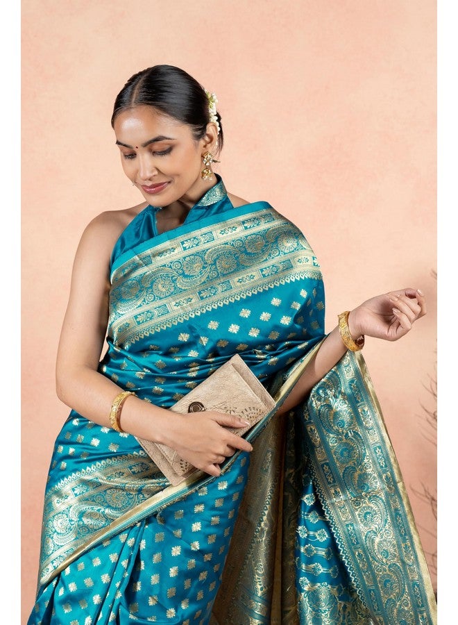 Subham Women's Silk Cotton Kanjivaram Soft Saree with Blouse Piece | Jacquard Design Banarasi Sarees | Golden Zari (45624 - Turquoise) - Image 5
