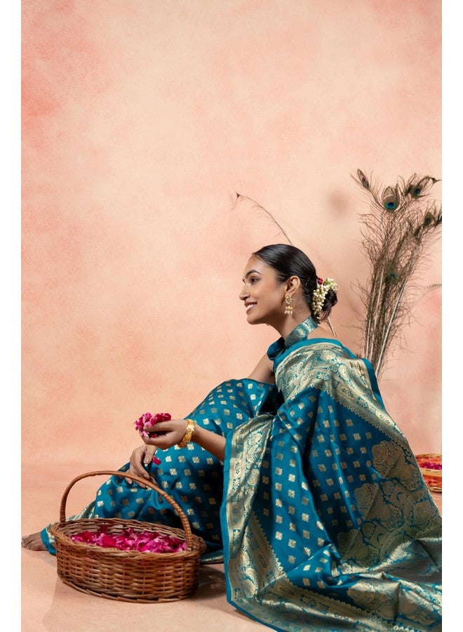 Subham Women's Silk Cotton Kanjivaram Soft Saree with Blouse Piece | Jacquard Design Banarasi Sarees | Golden Zari (45624 - Turquoise) - Image 2