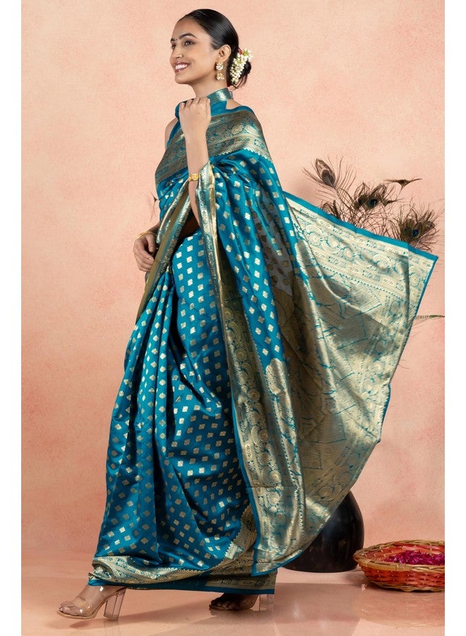 Subham Women's Silk Cotton Kanjivaram Soft Saree with Blouse Piece | Jacquard Design Banarasi Sarees | Golden Zari (45624 - Turquoise) - Image 3