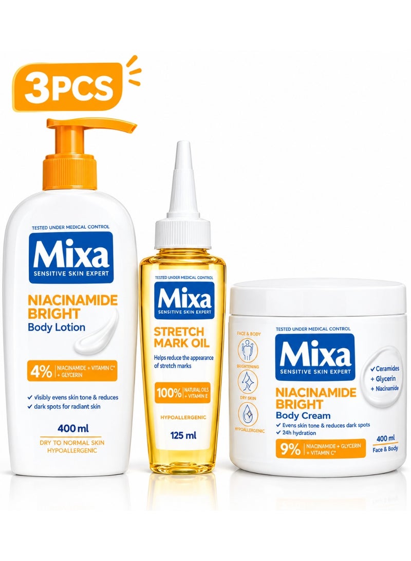 Mixa Niacinamide Bright Radiance Care Set – Anti-Dark Spot Moisturising Cream 400ml + Body Lotion 400ml + Stretch Mark Oil 125ml