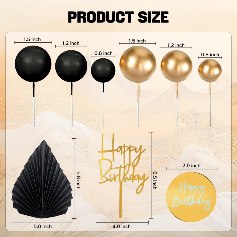 MEMOVAN 26pcs Man Cake Topper Black Boho Cake Topper Black Gold Balls Palm Leaves Black Gold Cake Decorations for Man Boy Bohemian Black Theme Wedding Baby Shower Birthday Party - Image 2