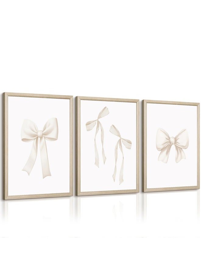Pennclys Bow Wall Art Coquette Room Canvas Decor Beige Bow Poster Preppy Wall Deocr Aesthetic Pictures Coquette Girly Posters Nursery Art Prints for Girls Bedroom 12x16 Inch Wood Framed Set of 3 - Image 1
