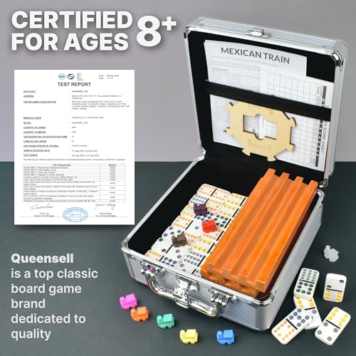 Queensell Mexican Train Dominoes Set with 8 Holders - Wooden Hub and Tiles Holders - Double 12 Tiles with Dots (D12 + 8 Holders) - Image 5