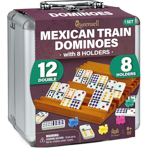 Queensell Mexican Train Dominoes Set with 8 Holders - Wooden Hub and Tiles Holders - Double 12 Tiles with Dots (D12 + 8 Holders) - Image 1
