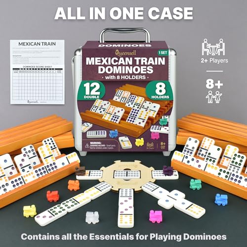 Queensell Mexican Train Dominoes Set with 8 Holders - Wooden Hub and Tiles Holders - Double 12 Tiles with Dots (D12 + 8 Holders) - Image 2