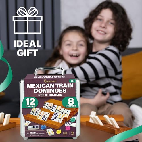 Queensell Mexican Train Dominoes Set with 8 Holders - Wooden Hub and Tiles Holders - Double 12 Tiles with Dots (D12 + 8 Holders) - Image 3