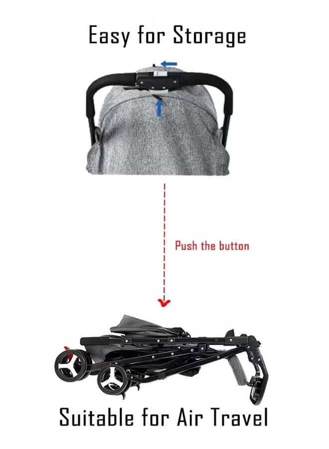 youni Baby Stroller, Lightweight Portable Stroller with Mosquito Net, One-Hand Fold Travel Stroller with 5-Point Harness, Adjustable Backrest and Footrest, Perfect for Air Travel, Grey - Image 5