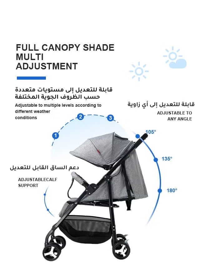 youni Baby Stroller, Lightweight Portable Stroller with Mosquito Net, One-Hand Fold Travel Stroller with 5-Point Harness, Adjustable Backrest and Footrest, Perfect for Air Travel, Grey - Image 2