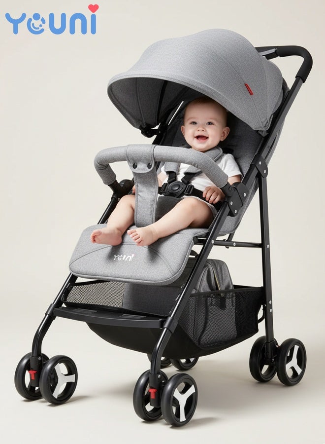 youni Baby Stroller, Lightweight Portable Stroller with Mosquito Net, One-Hand Fold Travel Stroller with 5-Point Harness, Adjustable Backrest and Footrest, Perfect for Air Travel, Grey - Image 1