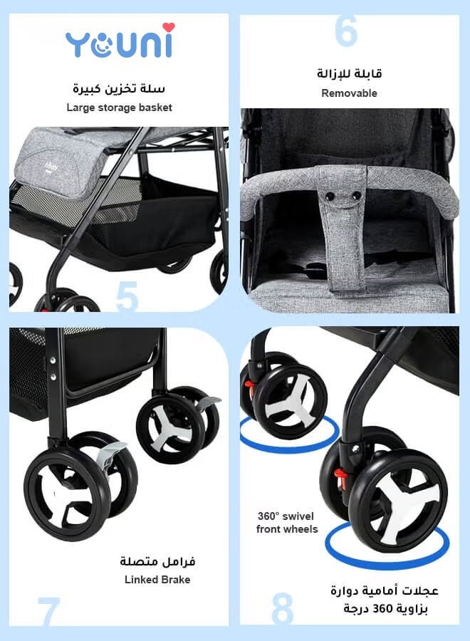 youni Baby Stroller, Lightweight Portable Stroller with Mosquito Net, One-Hand Fold Travel Stroller with 5-Point Harness, Adjustable Backrest and Footrest, Perfect for Air Travel, Grey - Image 4