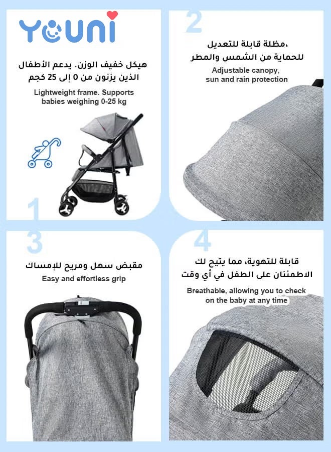 youni Baby Stroller, Lightweight Portable Stroller with Mosquito Net, One-Hand Fold Travel Stroller with 5-Point Harness, Adjustable Backrest and Footrest, Perfect for Air Travel, Grey - Image 3