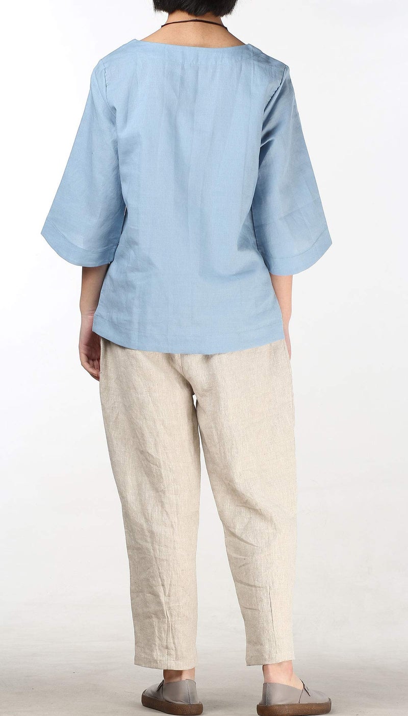 Minibee Women's Linen Blouse Round Neck 3/4 Sleeve Shirt Tops with Chinese Frog Button Light Blue XL - Image 4