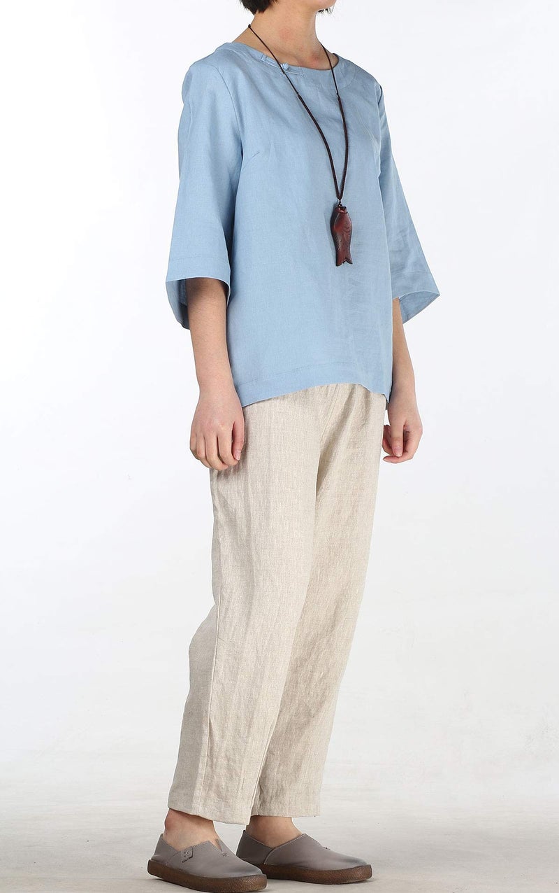 Minibee Women's Linen Blouse Round Neck 3/4 Sleeve Shirt Tops with Chinese Frog Button Light Blue XL - Image 2