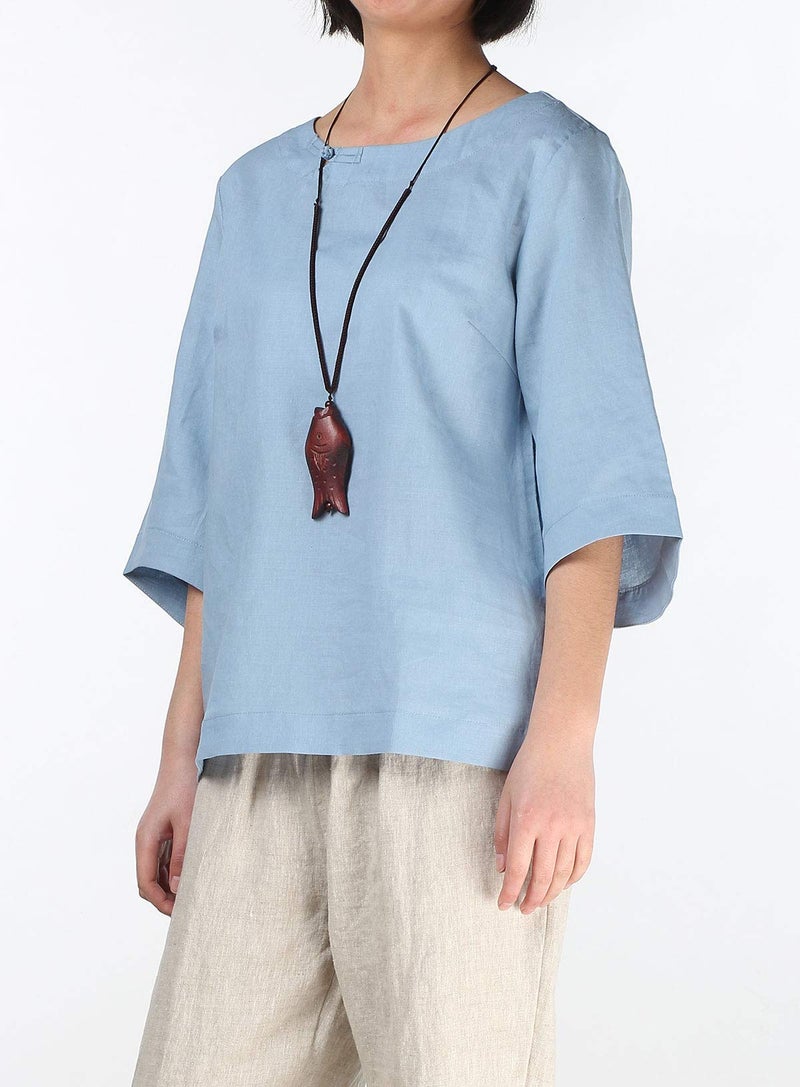 Minibee Women's Linen Blouse Round Neck 3/4 Sleeve Shirt Tops with Chinese Frog Button Light Blue XL - Image 5