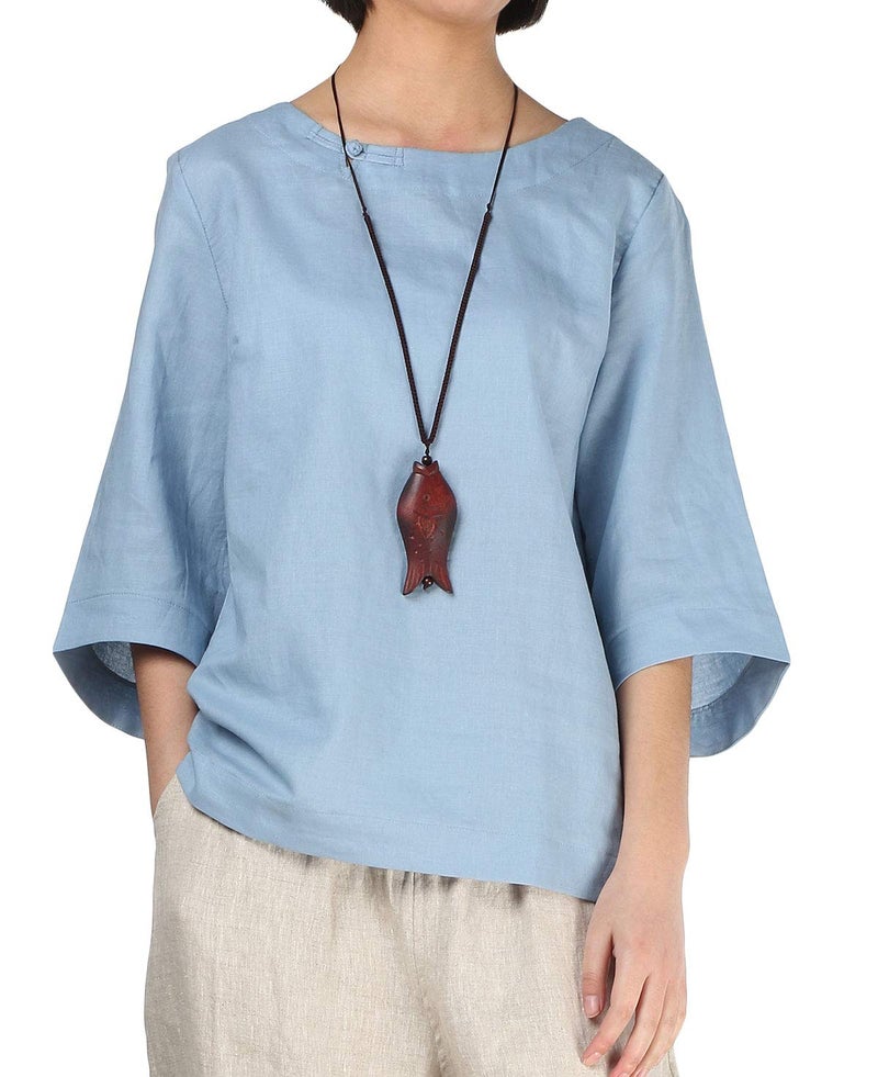 Minibee Women's Linen Blouse Round Neck 3/4 Sleeve Shirt Tops with Chinese Frog Button Light Blue XL - Image 1