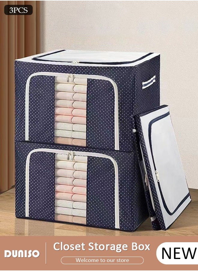 DUNISO - 3 Pack Closet Storage Box with Metal Frame, Stackable Flodable Closet Container Organizer with Lids Handle Double & Zippers, Large Capacity Wardrobe Clothes Storage Box with Clear Window for Blanket, Bedding, Clothes, Comforter - Image 1
