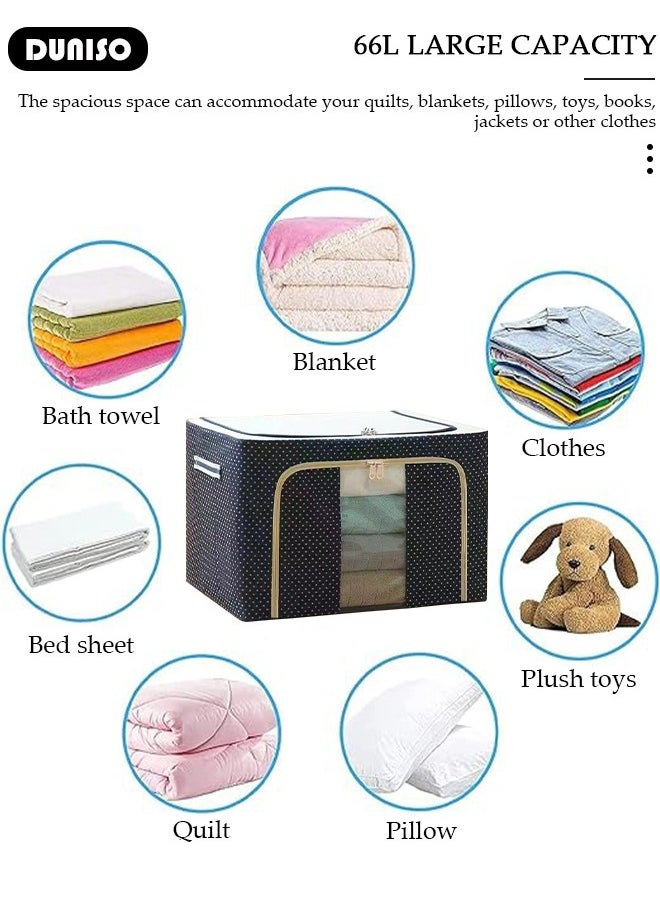 DUNISO - 3 Pack Closet Storage Box with Metal Frame, Stackable Flodable Closet Container Organizer with Lids Handle Double & Zippers, Large Capacity Wardrobe Clothes Storage Box with Clear Window for Blanket, Bedding, Clothes, Comforter - Image 1
